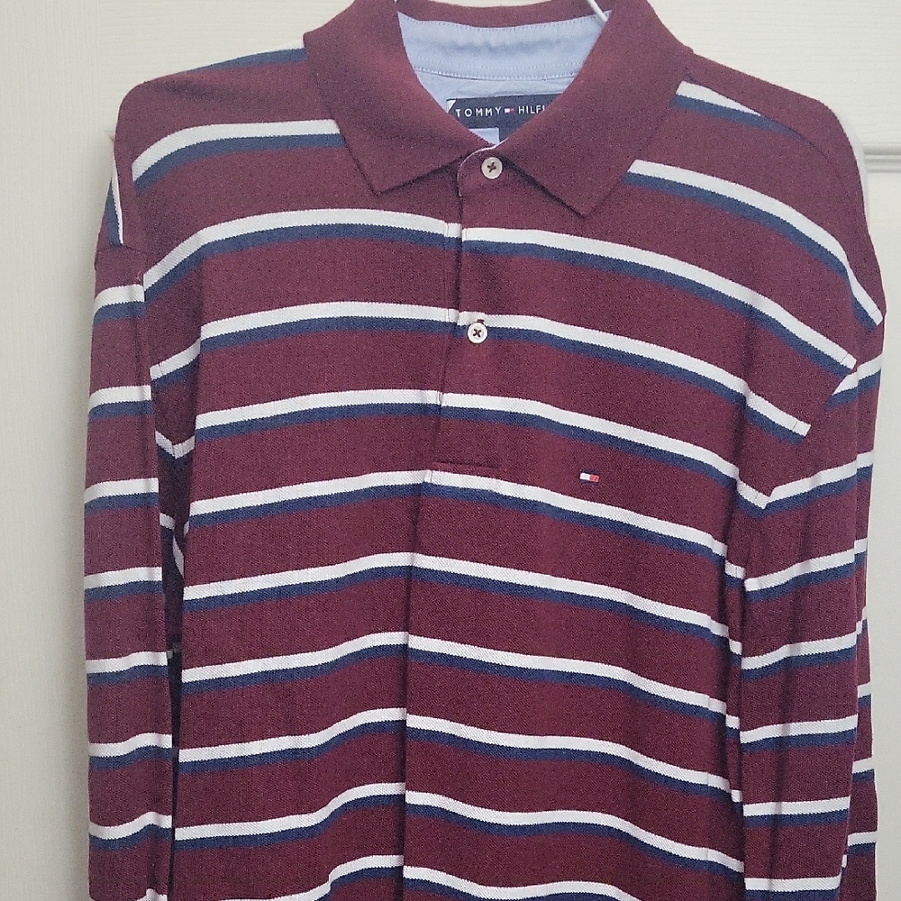Tommy Hilfiger Men's M Burgundy Striped Polo
